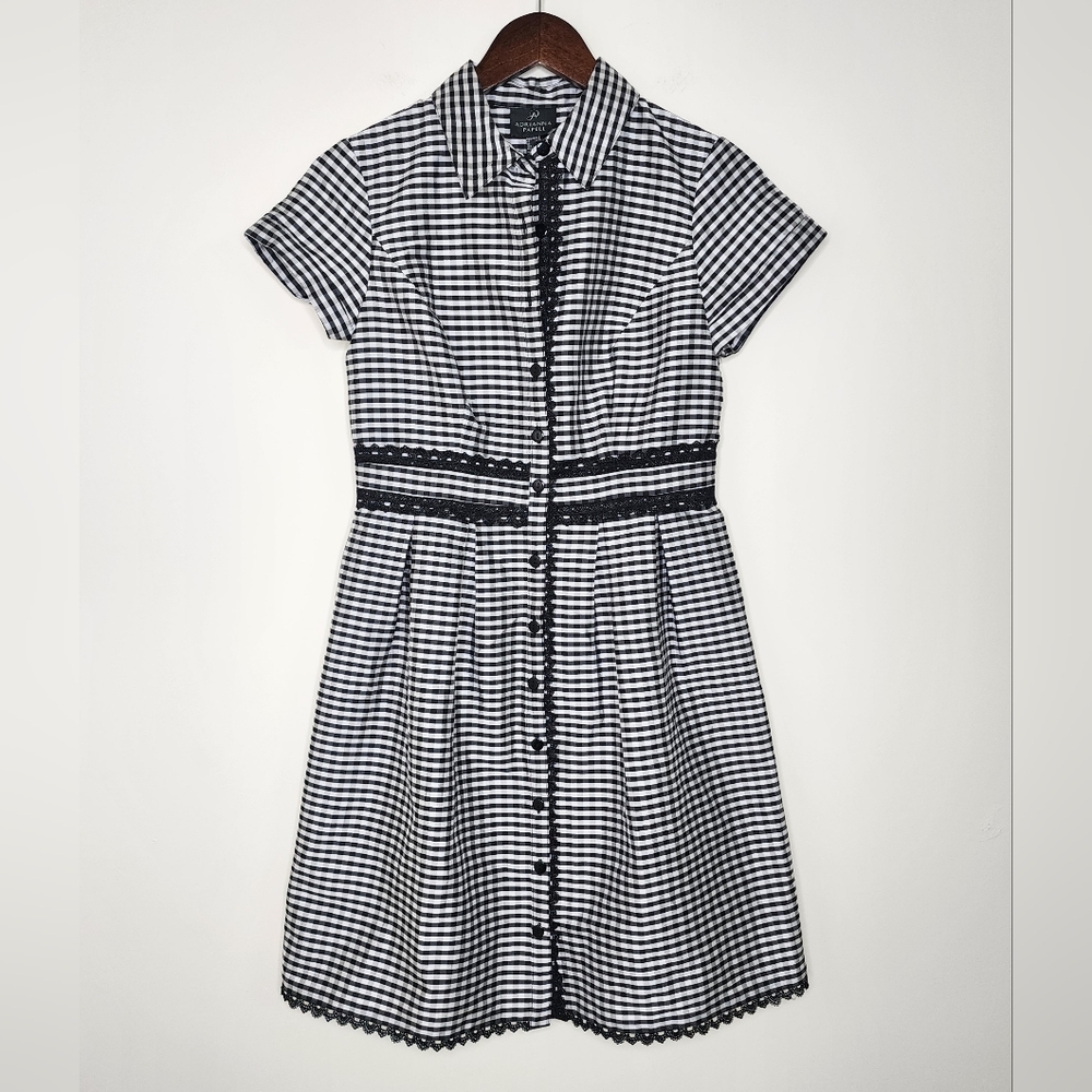 Adrianna Papell Black & White Gingham Lace Trim Button Up Tafetta Mini Dress Sz4